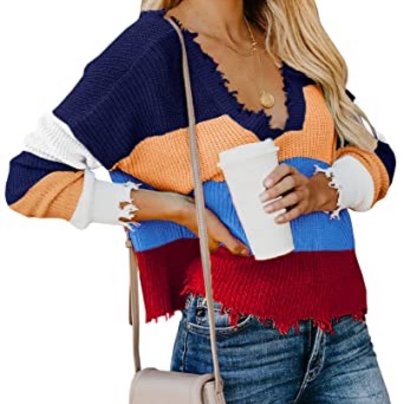 Fate Sweaters - NEW Fate boho sweater striped raw hem L